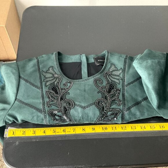 BCBGMaxazria Top Women S Green Embroidered Faux Suede Sequins Cropped Festive - Picture 7 of 12